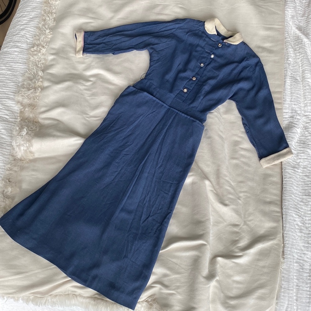 Late 1940s/early 1950s slate blue secretary/office/day dress with pockets